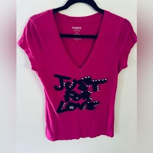 Vintage Express pink V-neck T-shirt Just for love Medium